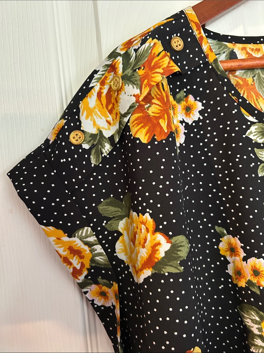 Women's Black Short Sleeve Floral Tee with Yellow Rose Print - Picture 4 of 6